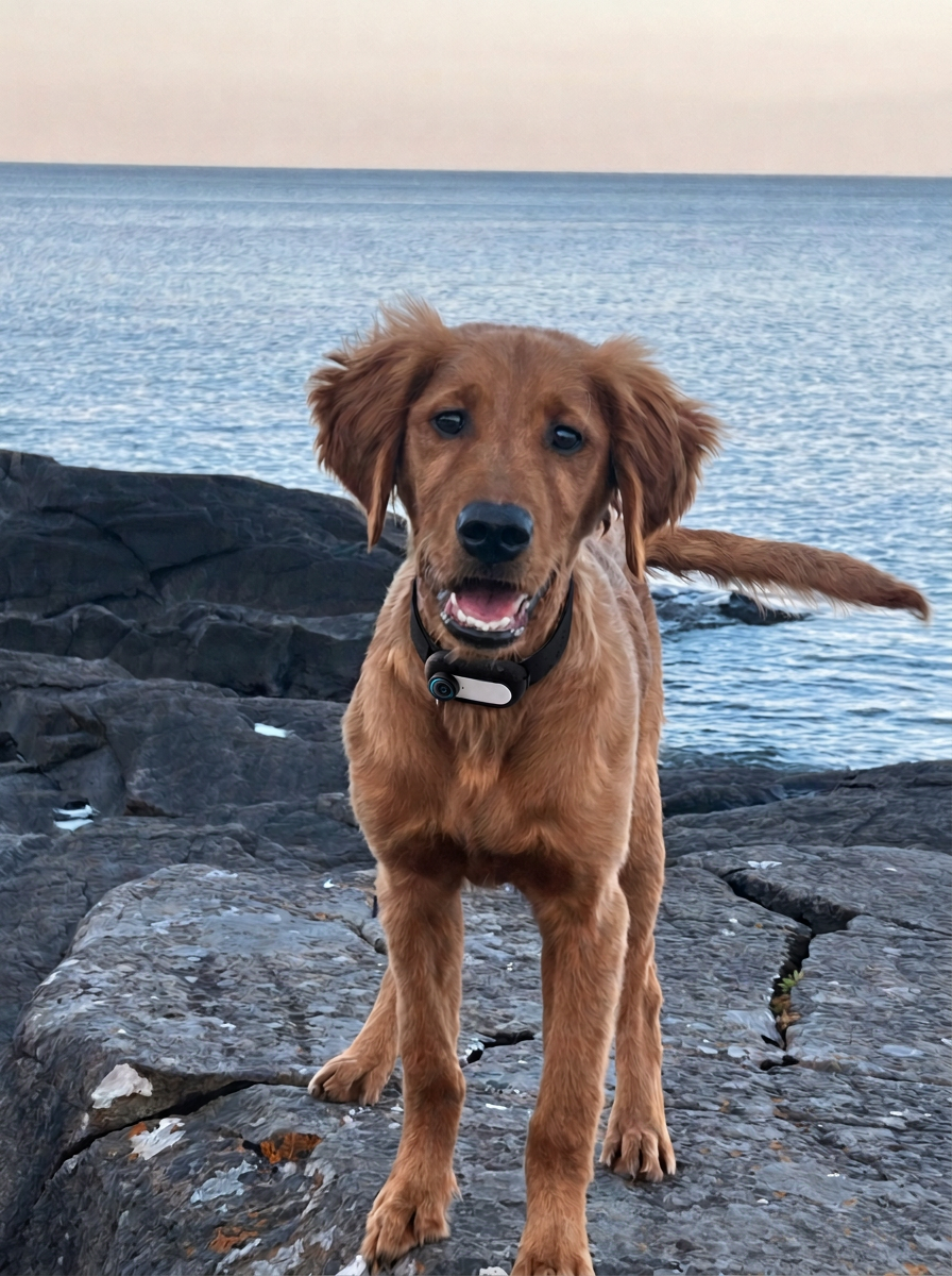 Golden retriever with a SnoutLens camera exploring outdoors